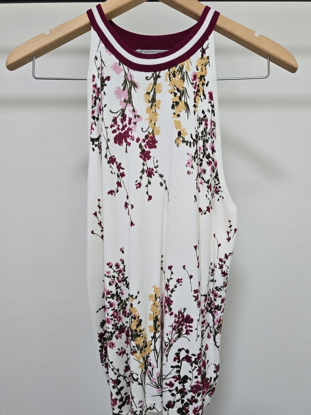 Daniel Rainn White Floral Halter Tank with Burgundy Trim